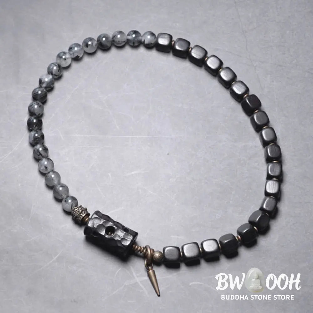 Buddha Stones Ebony Wood Black Rutilated Quartz Copper Brass Double Wrap Balance Bracelet - BWOOOH - Bracelet