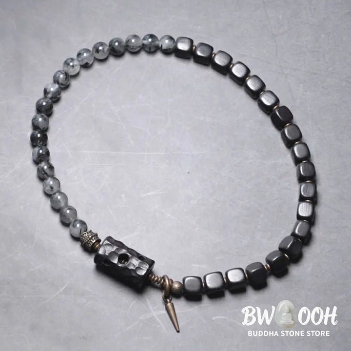 Buddha Stones Ebony Wood Black Rutilated Quartz Copper Brass Double Wrap Balance Bracelet - BWOOOH - Bracelet
