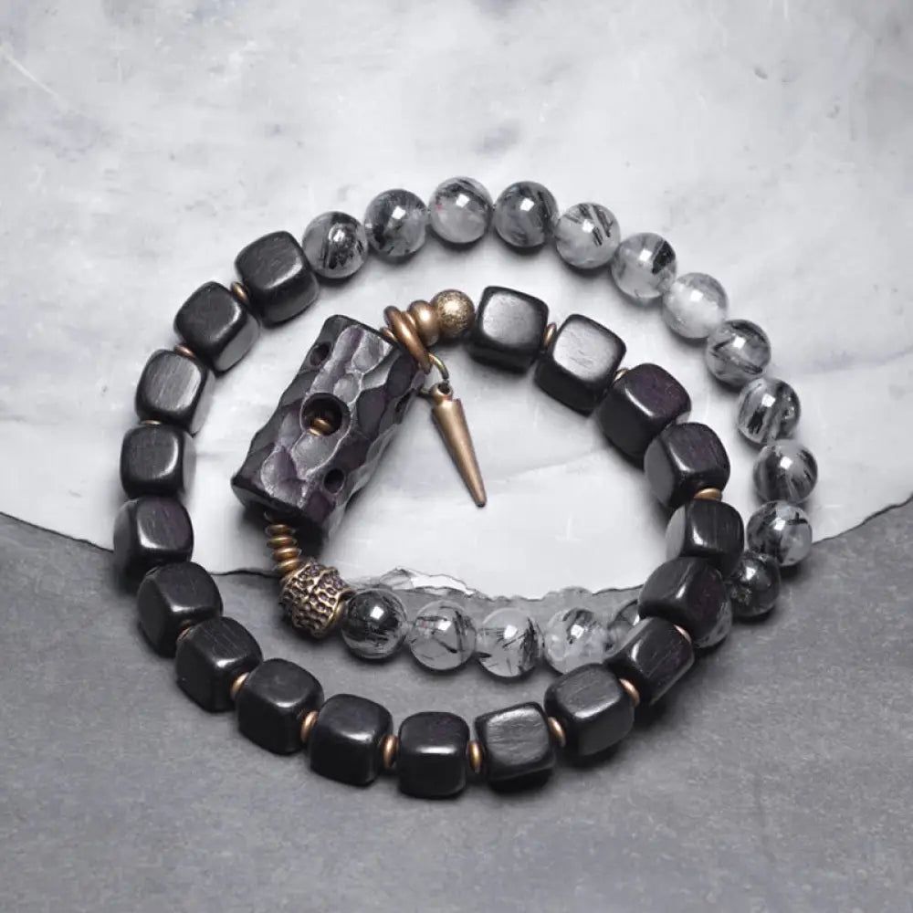 BWOOOH Ebony Wood Black Rutilated Quartz Copper Brass Double Wrap Balance Bracelet - BWOOOH - Ebony Wood Black