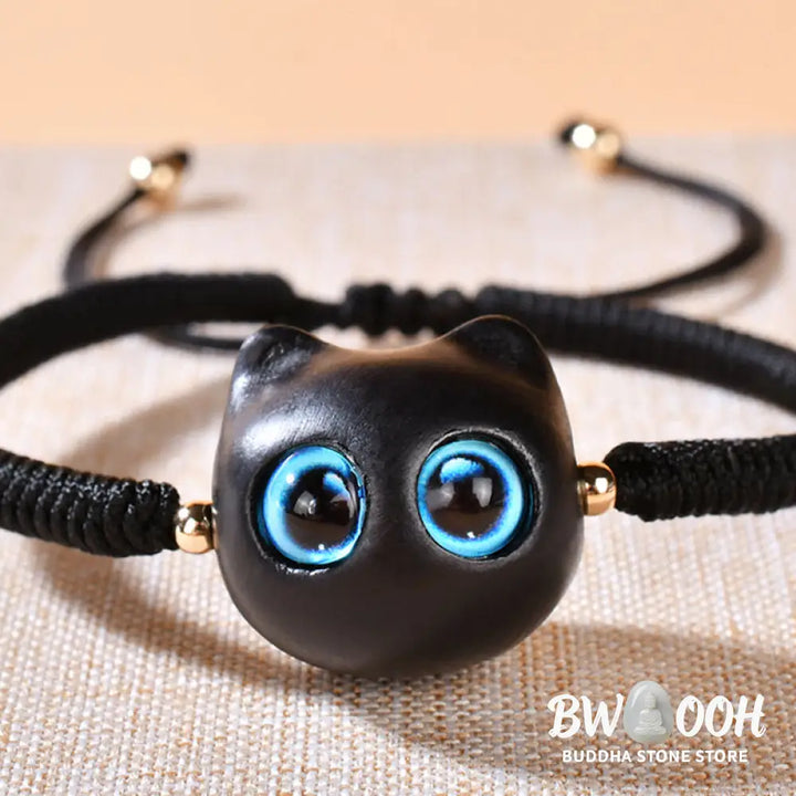 Buddha Stones Ebony Wood Cat Head Pattern Peace King Kong Knot Braided Bracelet - BWOOOH - Bracelet