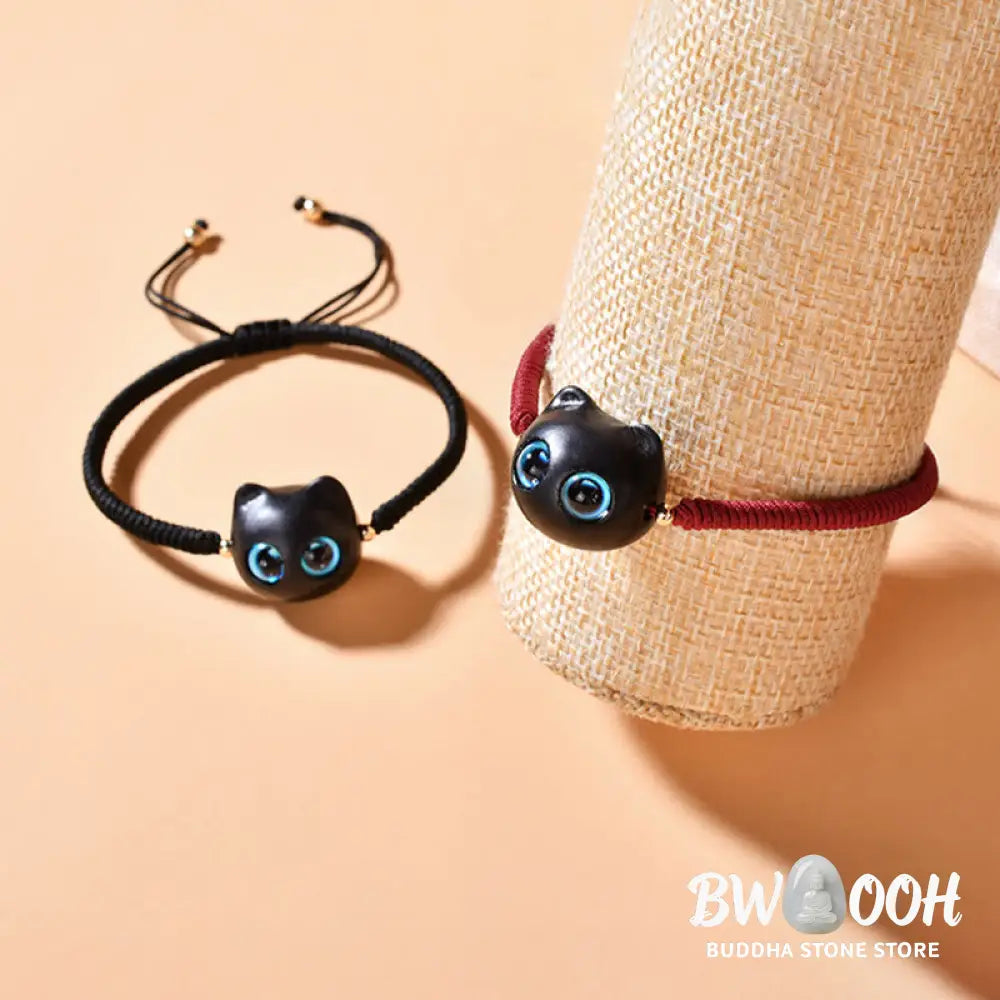 Buddha Stones Ebony Wood Cat Head Pattern Peace King Kong Knot Braided Bracelet - BWOOOH - Bracelet