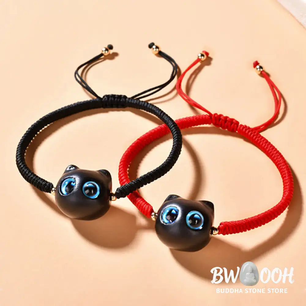 Buddha Stones Ebony Wood Cat Head Pattern Peace King Kong Knot Braided Bracelet - BWOOOH - Bracelet