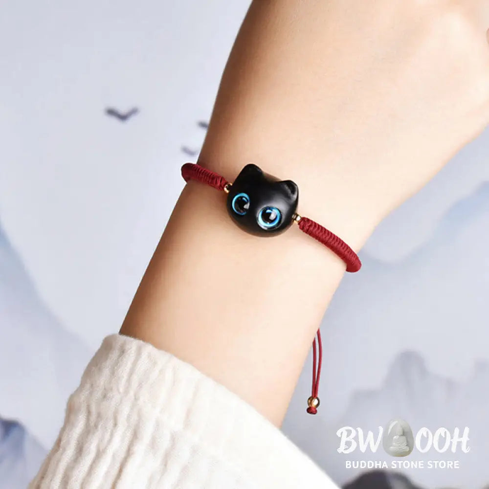 Buddha Stones Ebony Wood Cat Head Pattern Peace King Kong Knot Braided Bracelet - BWOOOH - Bracelet