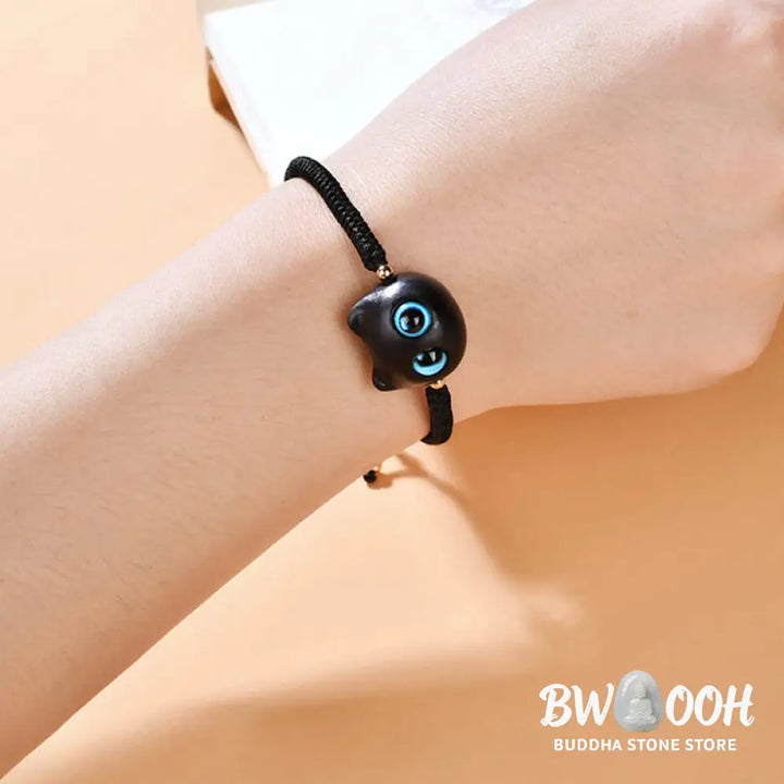 Buddha Stones Ebony Wood Cat Head Pattern Peace King Kong Knot Braided Bracelet - BWOOOH - Bracelet
