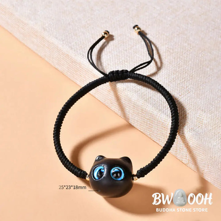 Buddha Stones Ebony Wood Cat Head Pattern Peace King Kong Knot Braided Bracelet - BWOOOH - Bracelet