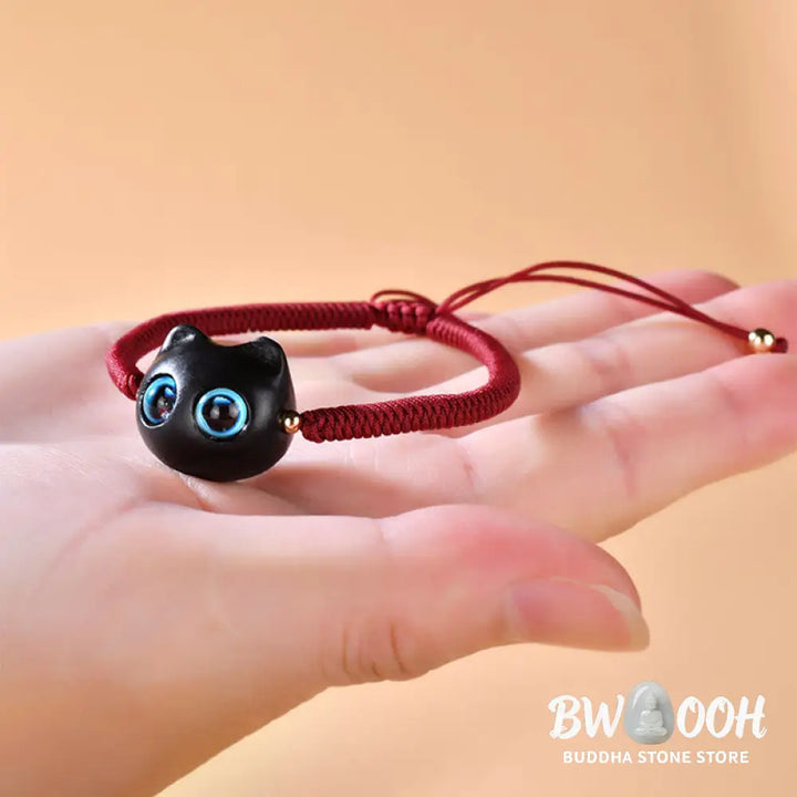 Buddha Stones Ebony Wood Cat Head Pattern Peace King Kong Knot Braided Bracelet - BWOOOH - Bracelet