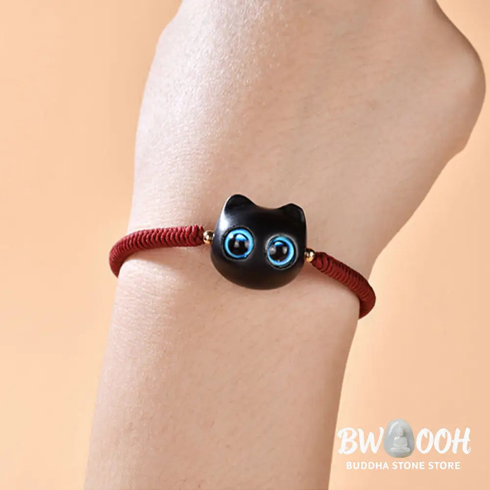 Buddha Stones Ebony Wood Cat Head Pattern Peace King Kong Knot Braided Bracelet - BWOOOH - Bracelet