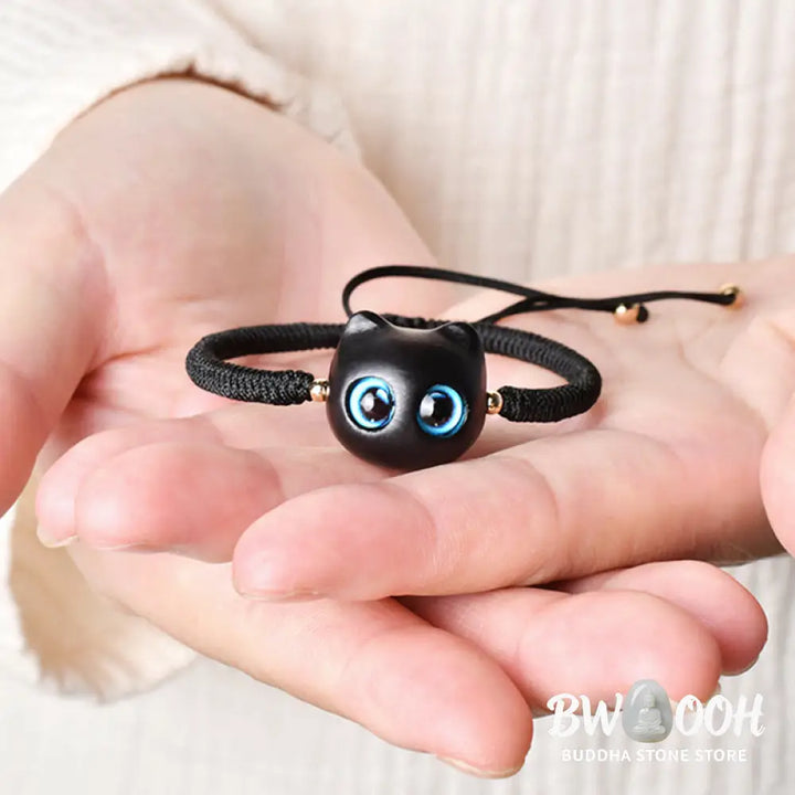 Buddha Stones Ebony Wood Cat Head Pattern Peace King Kong Knot Braided Bracelet - BWOOOH - Bracelet