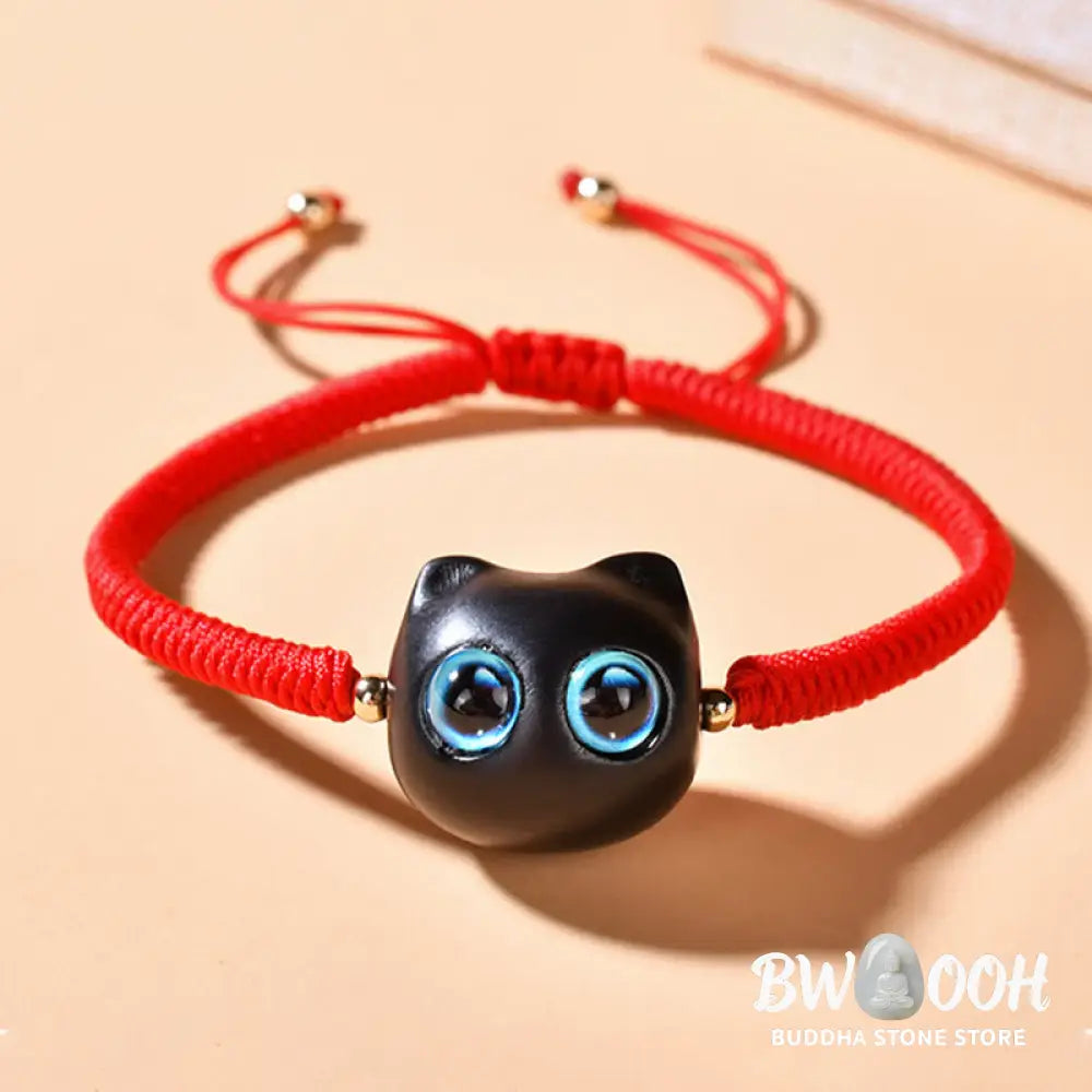 Buddha Stones Ebony Wood Cat Head Pattern Peace King Kong Knot Braided Bracelet - BWOOOH - Bracelet