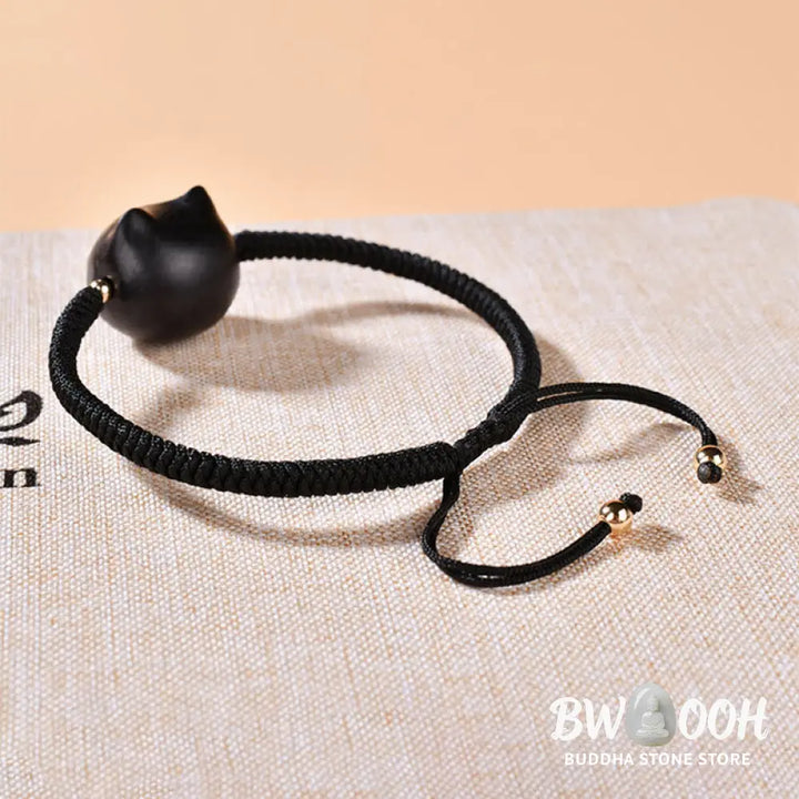 Buddha Stones Ebony Wood Cat Head Pattern Peace King Kong Knot Braided Bracelet - BWOOOH - Bracelet