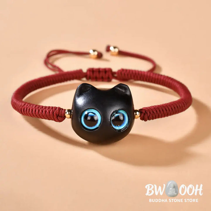 Buddha Stones Ebony Wood Cat Head Pattern Peace King Kong Knot Braided Bracelet - BWOOOH - Bracelet