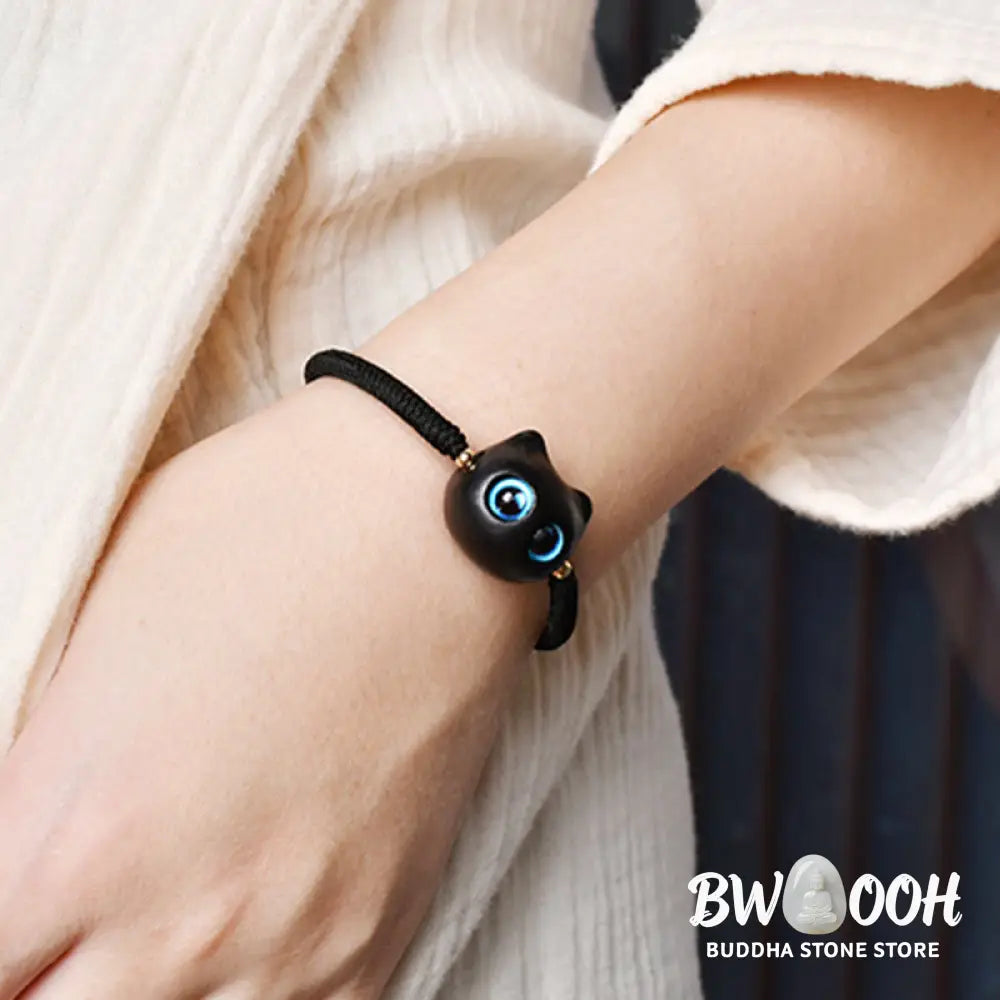 Buddha Stones Ebony Wood Cat Head Pattern Peace King Kong Knot Braided Bracelet - BWOOOH - Bracelet
