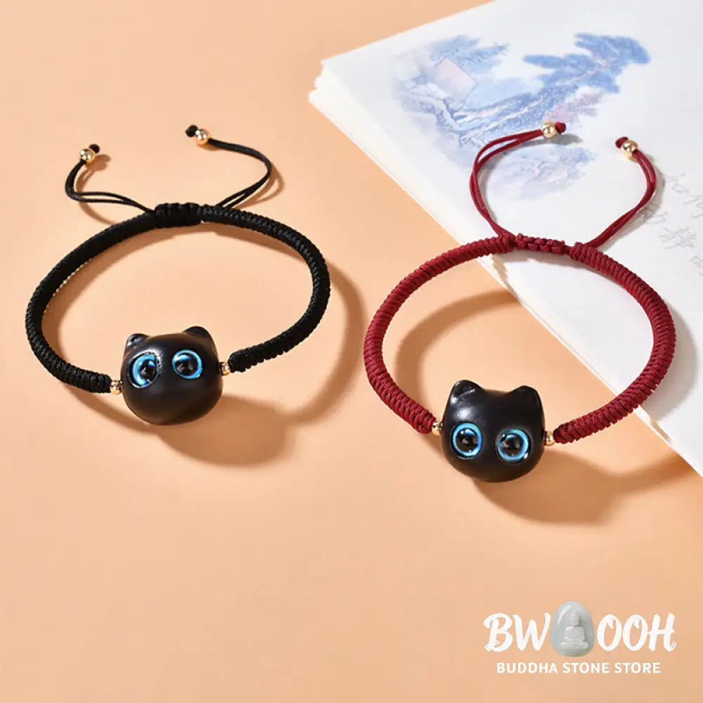 Buddha Stones Ebony Wood Cat Head Pattern Peace King Kong Knot Braided Bracelet - BWOOOH - Bracelet