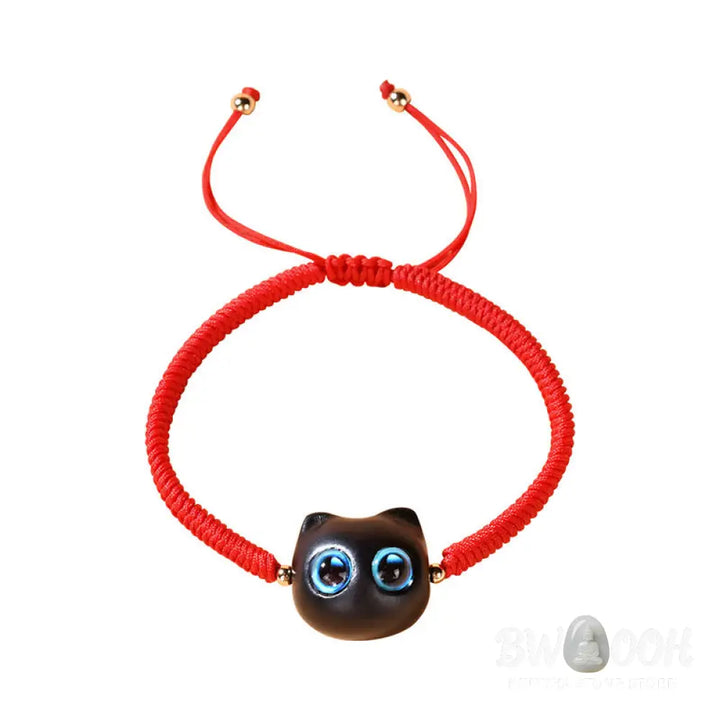 Buddha Stones Ebony Wood Cat Head Pattern Peace King Kong Knot Braided Bracelet - BWOOOH - Bracelet