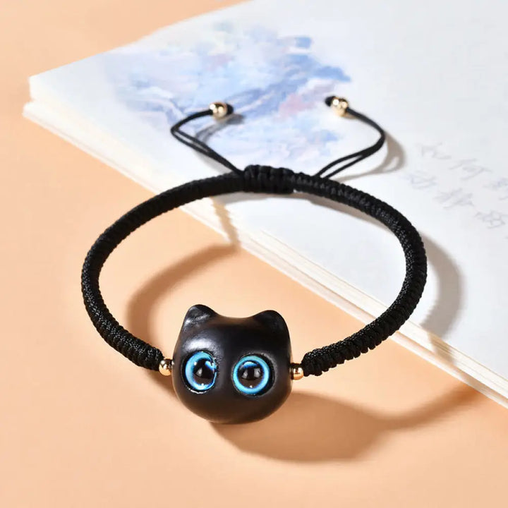 Buddha Stones Ebony Wood Cat Head Pattern Peace King Kong Knot Braided Bracelet - BWOOOH - Black Rope(Wrist