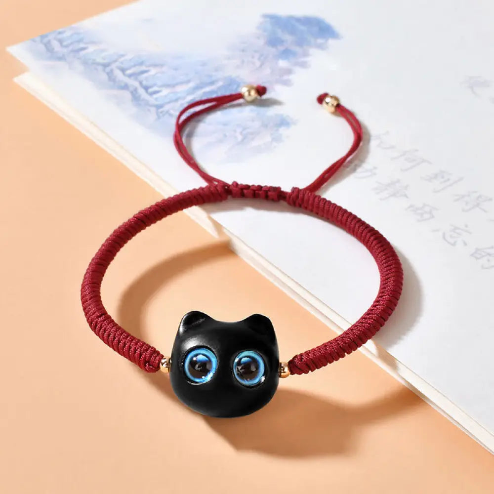 BWOOOH Ebony Wood Cat Head Pattern Peace King Kong Knot Braided Bracelet - BWOOOH - Dark Red Rope(Wrist