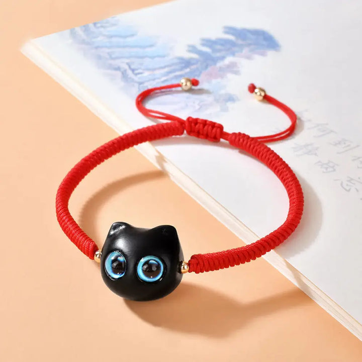 Buddha Stones Ebony Wood Cat Head Pattern Peace King Kong Knot Braided Bracelet - BWOOOH - Red Rope(Wrist Circumference