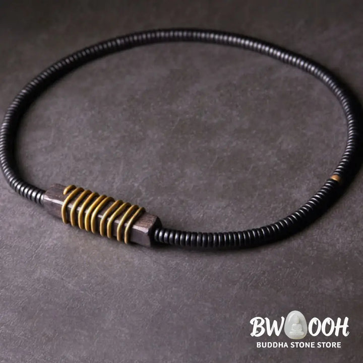 Buddha Stones Ebony Wood Copper Brass Balance Ball Cuboid Double Wrap Bracelet Necklace - BWOOOH - Bracelet