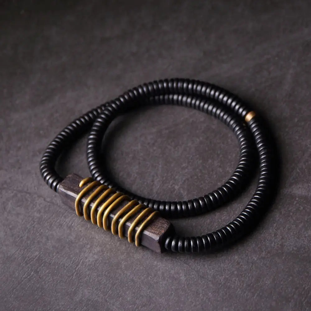 Buddha Stones Ebony Wood Copper Brass Balance Ball Cuboid Double Wrap Bracelet Necklace - BWOOOH - Ebony Wood Brass