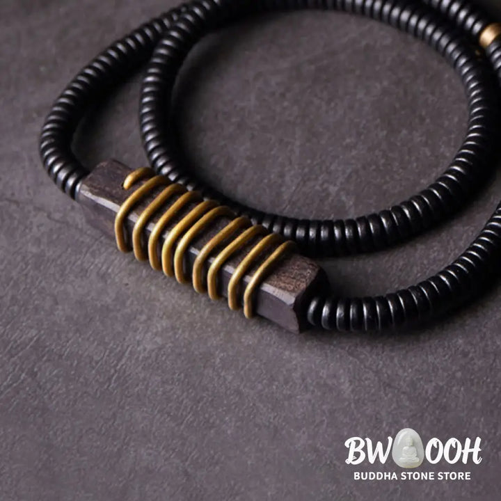 Buddha Stones Ebony Wood Copper Brass Balance Ball Cuboid Double Wrap Bracelet Necklace - BWOOOH - Bracelet