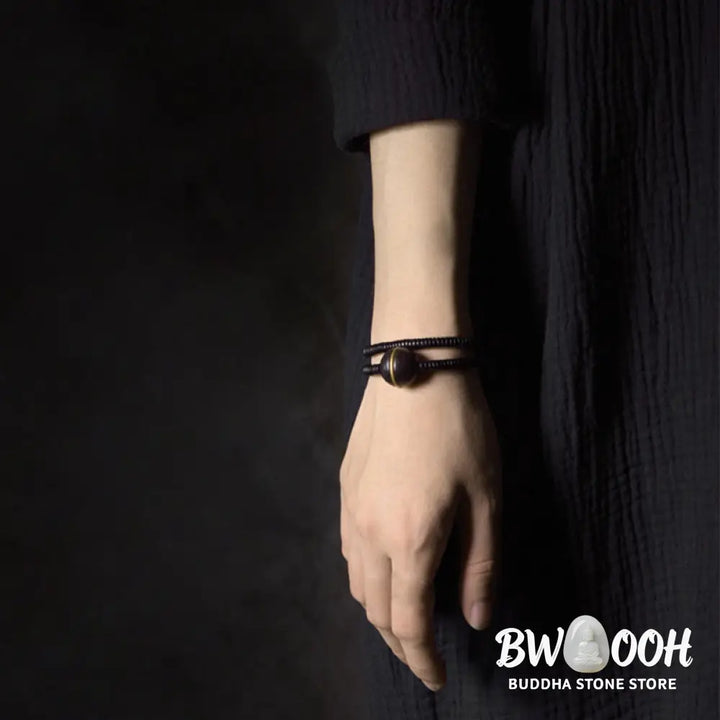 Buddha Stones Ebony Wood Copper Brass Balance Ball Cuboid Double Wrap Bracelet Necklace - BWOOOH - Bracelet