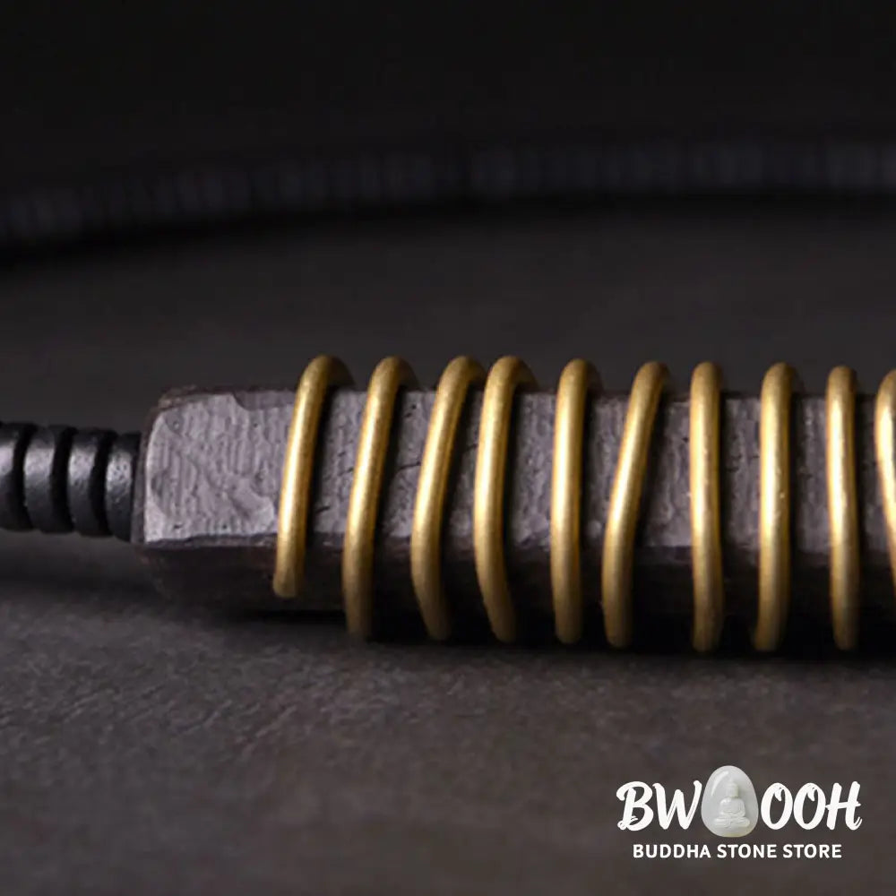 Buddha Stones Ebony Wood Copper Brass Balance Ball Cuboid Double Wrap Bracelet Necklace - BWOOOH - Bracelet