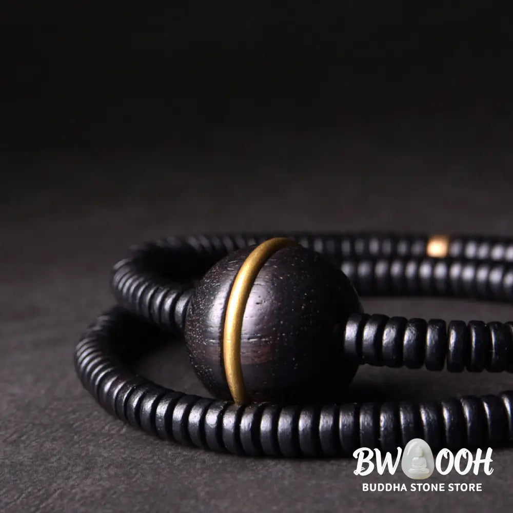 Buddha Stones Ebony Wood Copper Brass Balance Ball Cuboid Double Wrap Bracelet Necklace - BWOOOH - Bracelet