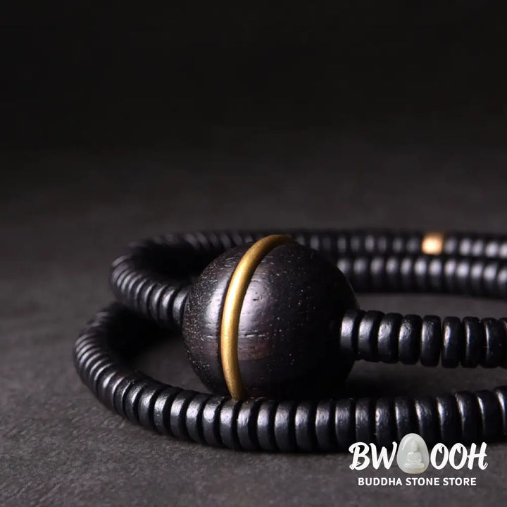 Buddha Stones Ebony Wood Copper Brass Balance Ball Cuboid Double Wrap Bracelet Necklace - BWOOOH - Bracelet