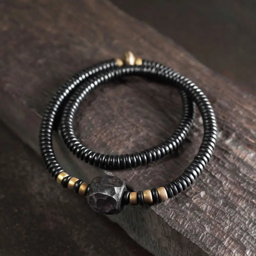 BWOOOH Ebony Wood Copper Brass Peace Double Wrap Bracelet - BWOOOH - Ebony Wood Brass(Wrist Circumference: