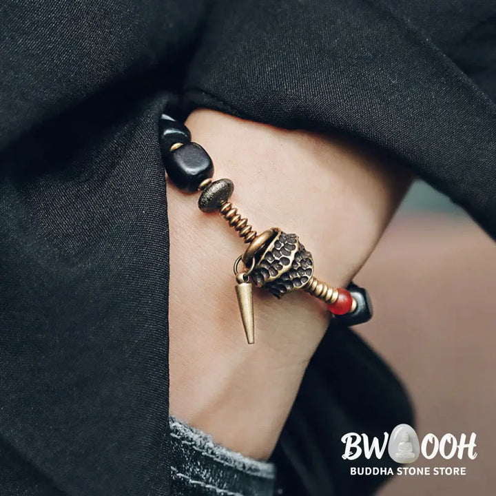 Buddha Stones Ebony Wood Copper Brass Red Agate Peace Bracelet - BWOOOH - Bracelet