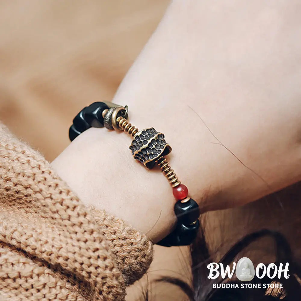 Buddha Stones Ebony Wood Copper Brass Red Agate Peace Bracelet - BWOOOH - Bracelet