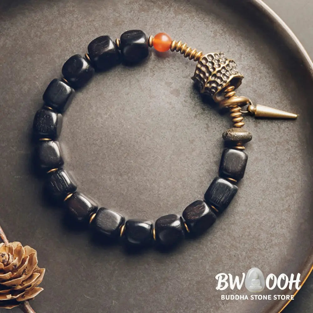 Buddha Stones Ebony Wood Copper Brass Red Agate Peace Bracelet - BWOOOH - Bracelet