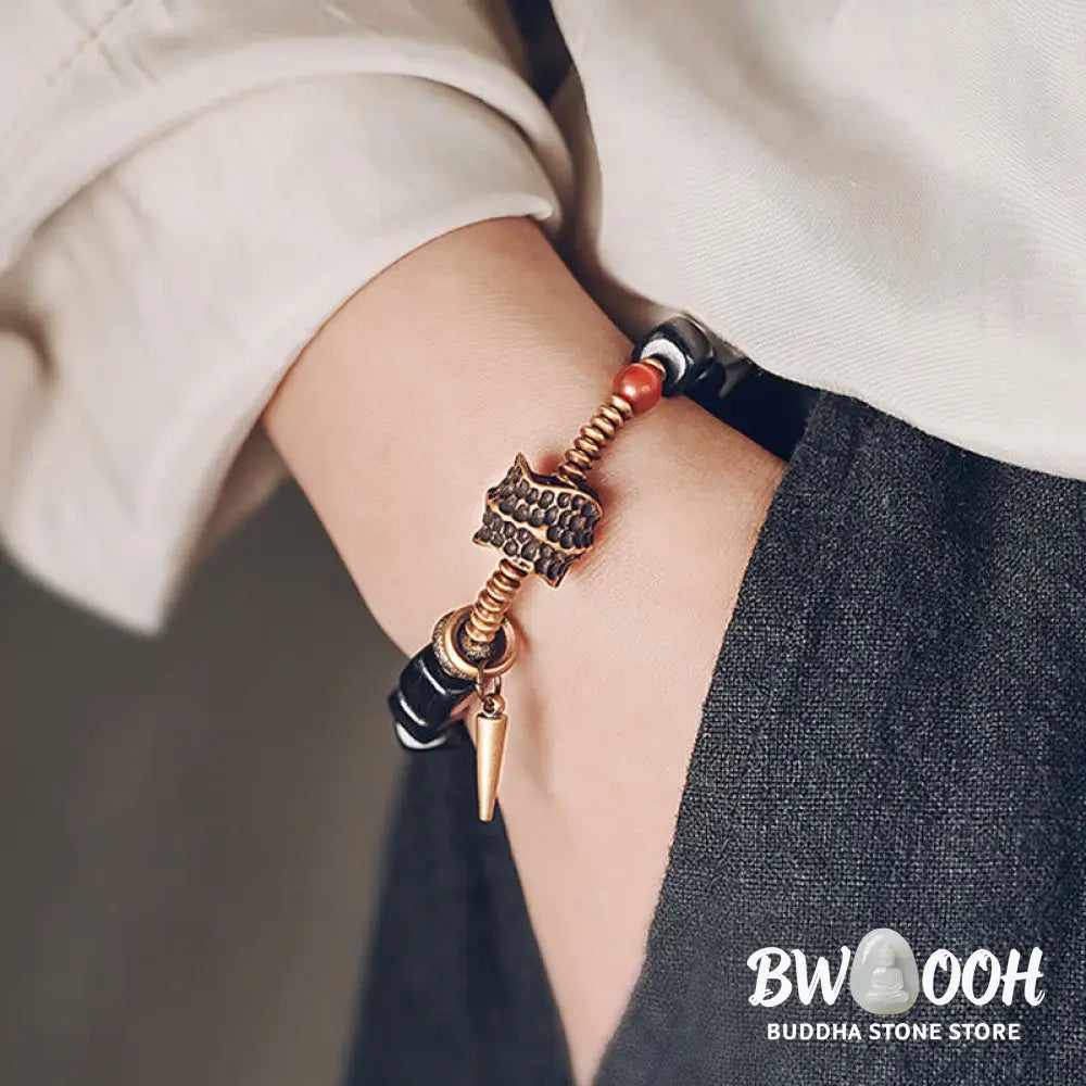Buddha Stones Ebony Wood Copper Brass Red Agate Peace Bracelet - BWOOOH - Bracelet