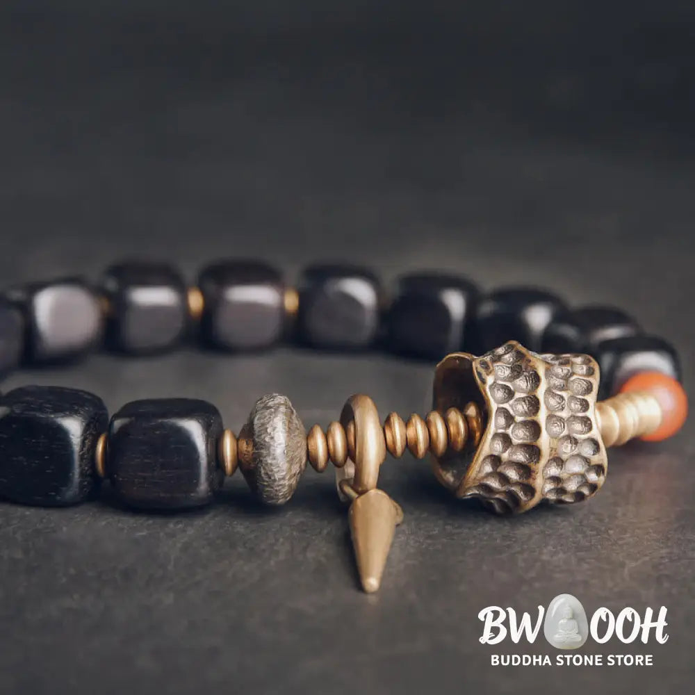 Buddha Stones Ebony Wood Copper Brass Red Agate Peace Bracelet - BWOOOH - Bracelet