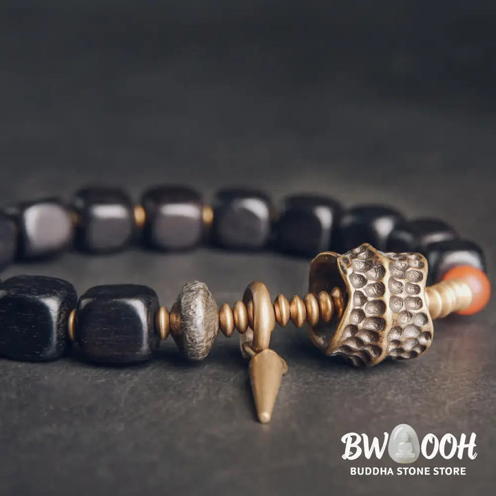 Buddha Stones Ebony Wood Copper Brass Red Agate Peace Bracelet - BWOOOH - Bracelet
