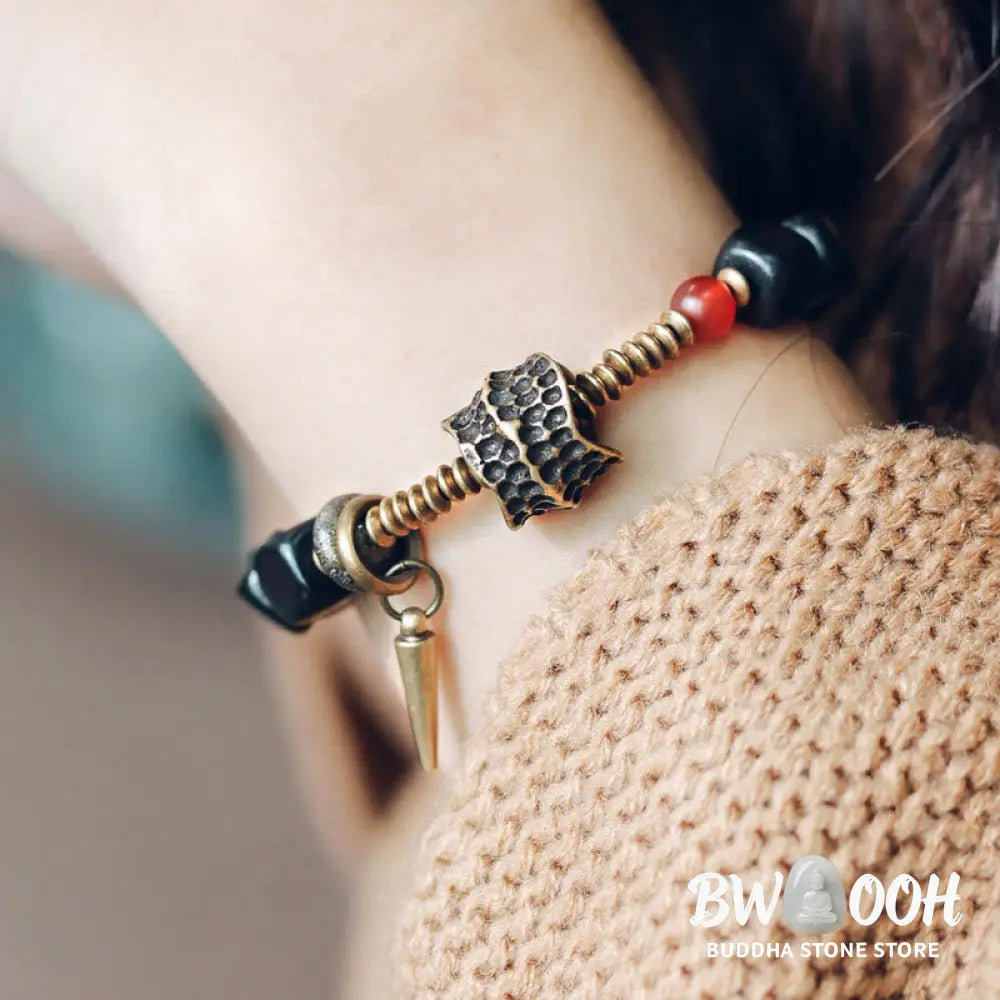 Buddha Stones Ebony Wood Copper Brass Red Agate Peace Bracelet - BWOOOH - Bracelet