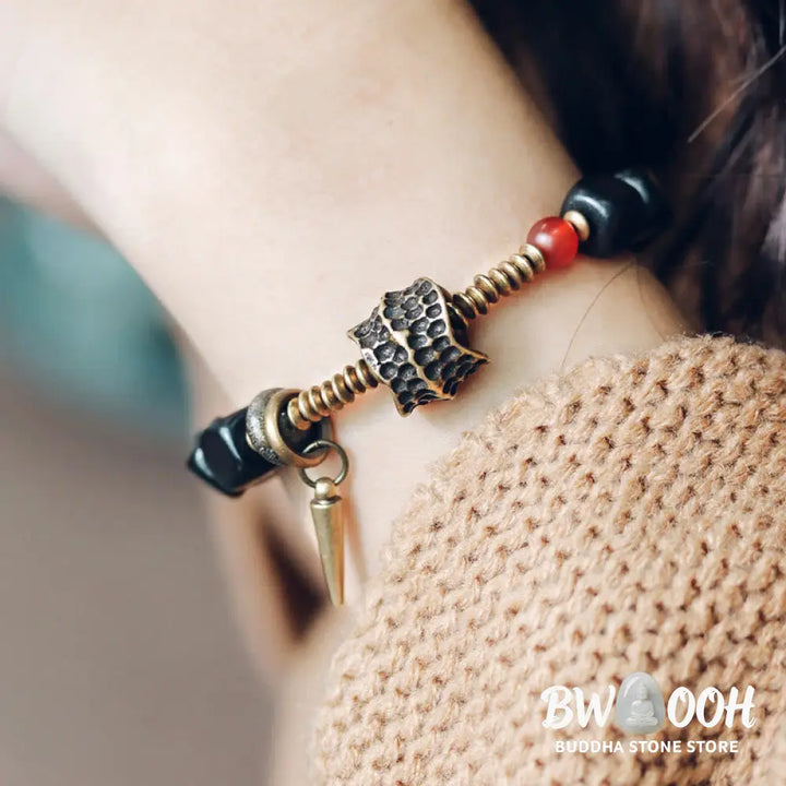 Buddha Stones Ebony Wood Copper Brass Red Agate Peace Bracelet - BWOOOH - Bracelet