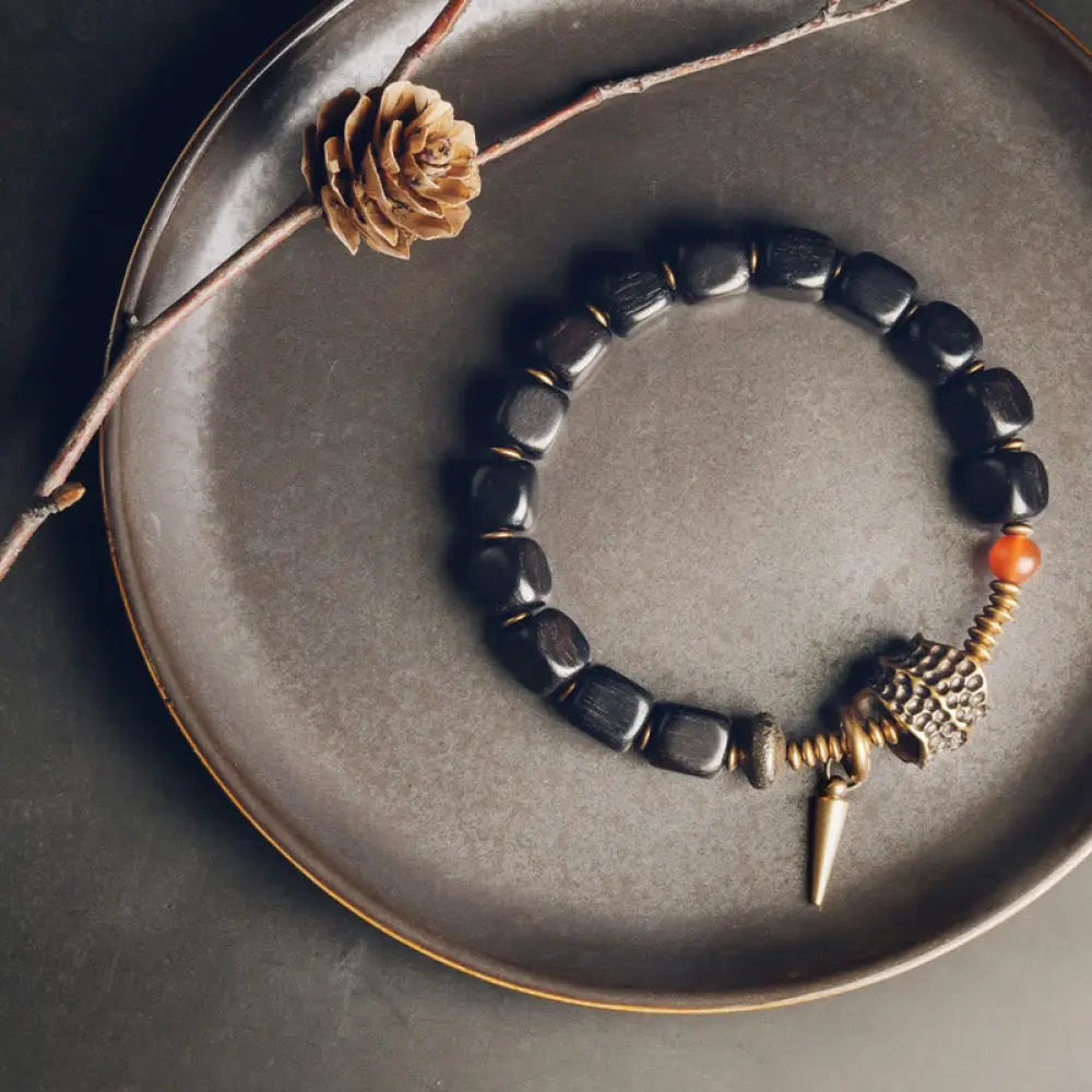 BWOOOH Ebony Wood Copper Brass Red Agate Peace Bracelet - BWOOOH - Ebony Wood Brass(Wrist Circumference: