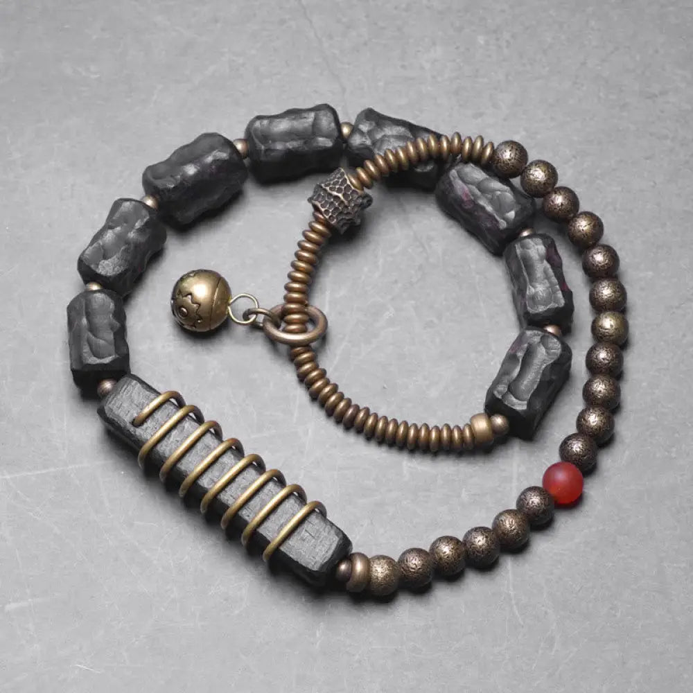 Buddha Stones Ebony Wood Copper Brass Red Agate Peace Double Wrap Bracelet - BWOOOH - Ebony Wood Brass Red Agate
