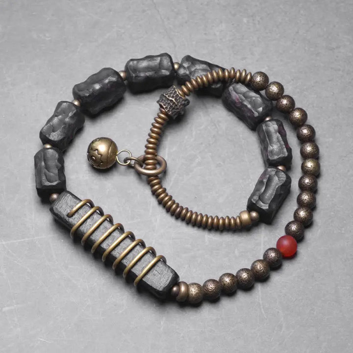 Buddha Stones Ebony Wood Copper Brass Red Agate Peace Double Wrap Bracelet - BWOOOH - Ebony Wood Brass Red Agate