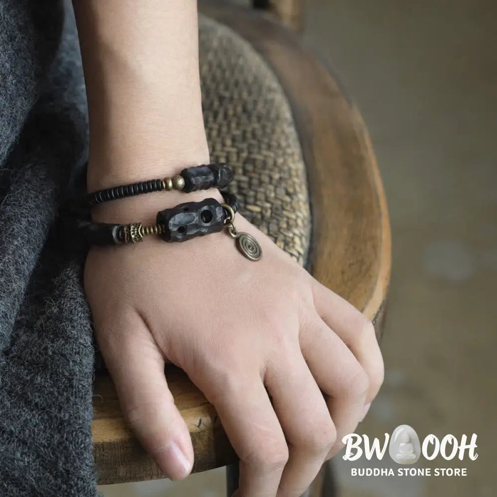 Buddha Stones Ebony Wood Copper Brass Red Agate Peace Double Wrap Bracelet - BWOOOH - Bracelet