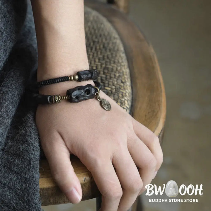 Buddha Stones Ebony Wood Copper Brass Red Agate Peace Double Wrap Bracelet - BWOOOH - Bracelet