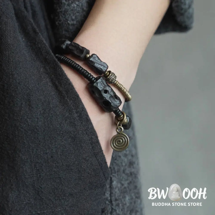 Buddha Stones Ebony Wood Copper Brass Red Agate Peace Double Wrap Bracelet - BWOOOH - Bracelet