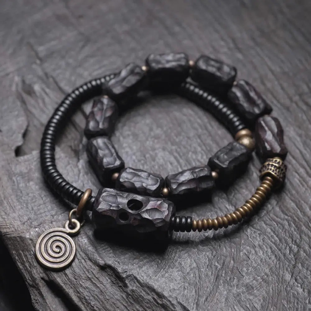 BWOOOH Ebony Wood Copper Brass Red Agate Peace Double Wrap Bracelet - BWOOOH - Ebony Wood Brass Alloy