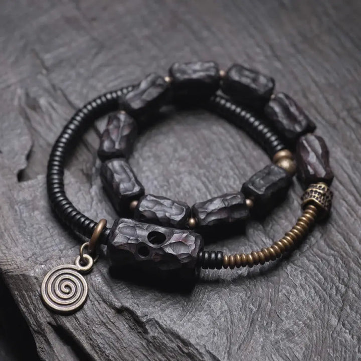 BWOOOH Ebony Wood Copper Brass Red Agate Peace Double Wrap Bracelet - BWOOOH - Ebony Wood Brass Alloy