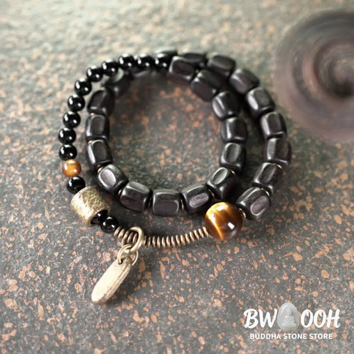 Buddha Stones Ebony Wood Copper Brass Tiger Eye Peace Double Wrap Bracelet - BWOOOH - Bracelet