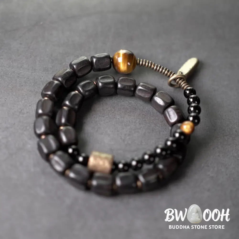 Buddha Stones Ebony Wood Copper Brass Tiger Eye Peace Double Wrap Bracelet - BWOOOH - Bracelet