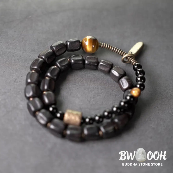Buddha Stones Ebony Wood Copper Brass Tiger Eye Peace Double Wrap Bracelet - BWOOOH - Bracelet