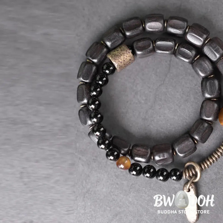 Buddha Stones Ebony Wood Copper Brass Tiger Eye Peace Double Wrap Bracelet - BWOOOH - Bracelet