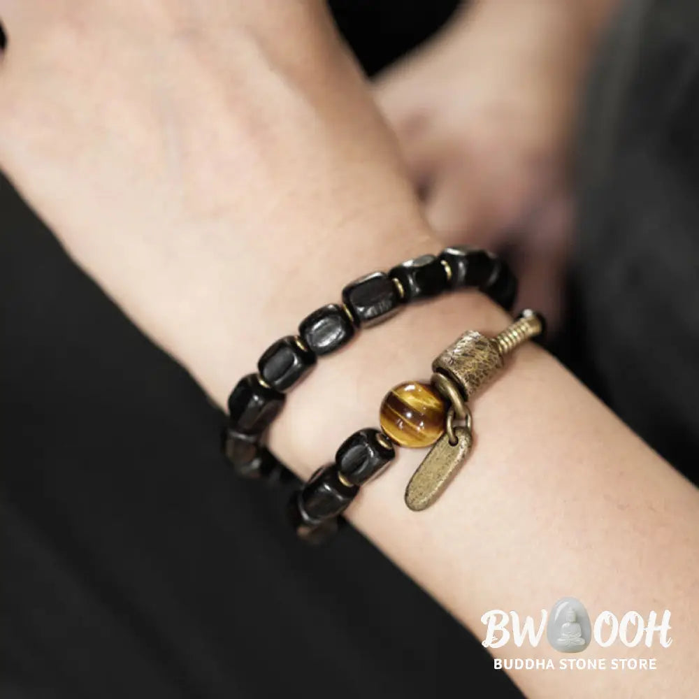 Buddha Stones Ebony Wood Copper Brass Tiger Eye Peace Double Wrap Bracelet - BWOOOH - Bracelet